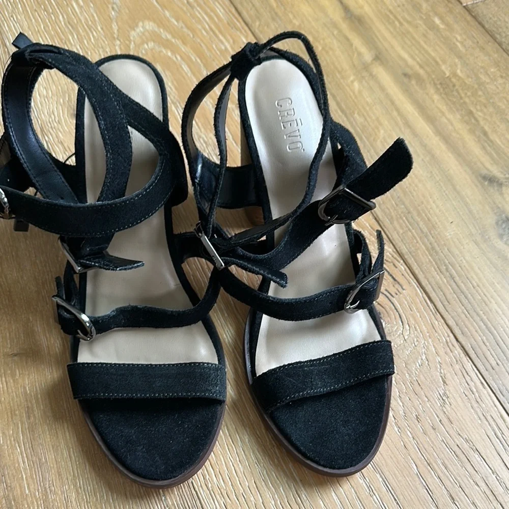 CREVO Women's Black Strappy Leather Sandals with wooden block heel - Picture 2 of 9